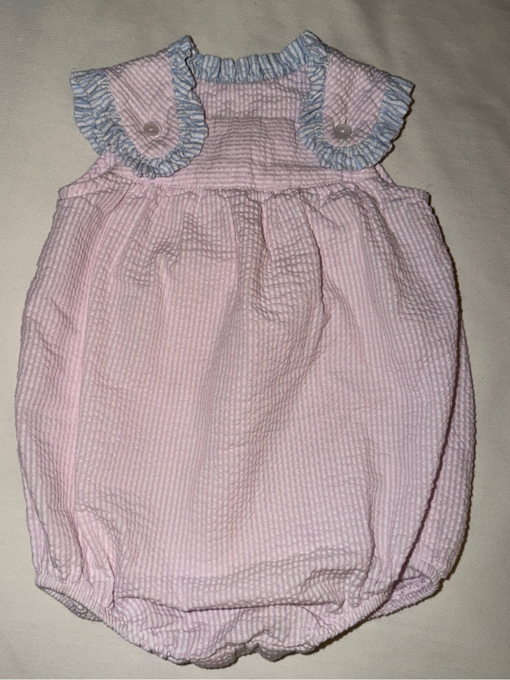 Southern Sunshine Kids Pink Seersucker Bubble Romper with Blue Trim
